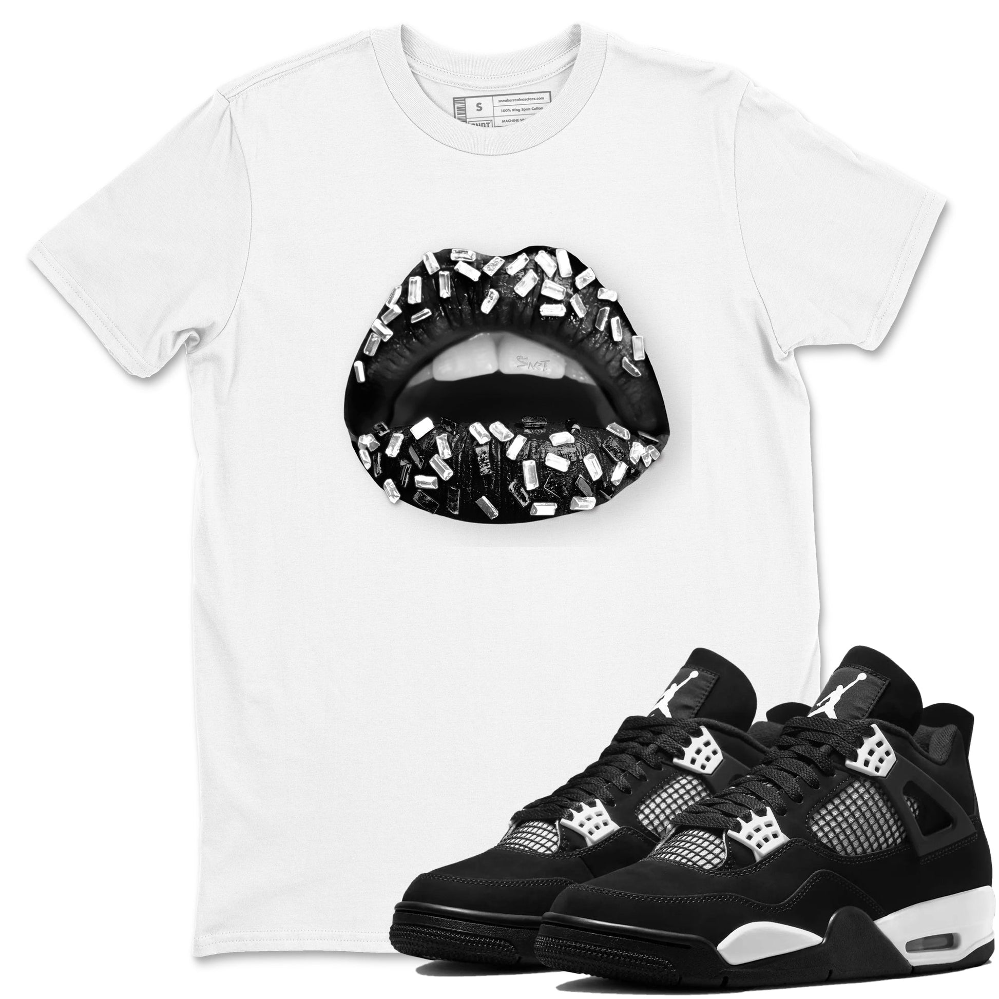 Lips Jewel Sneaker Tees - Air Jordan 4 White Thunder