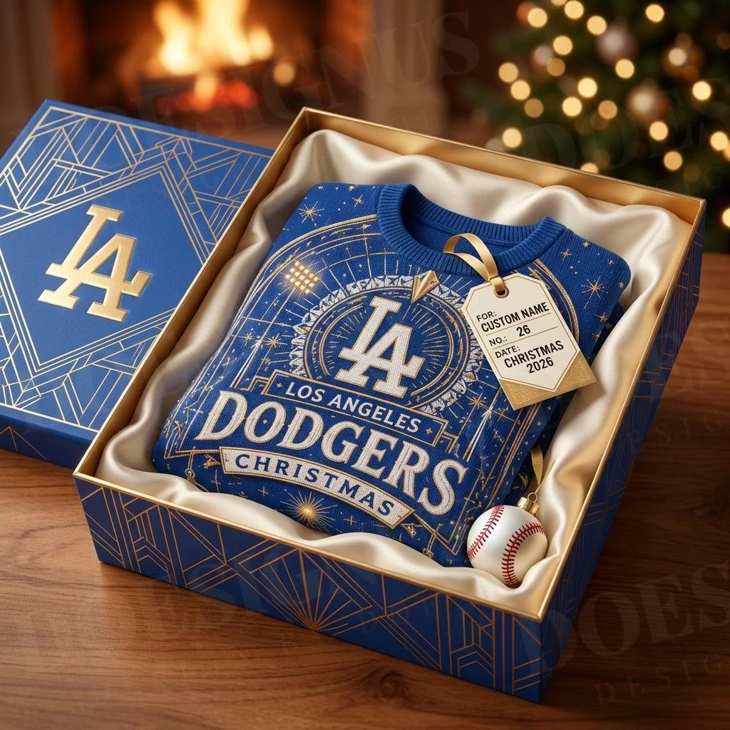 Custom Name And Number Los Angeles Dodgers West Coast Noel Christmas Ugly Sweater 2026