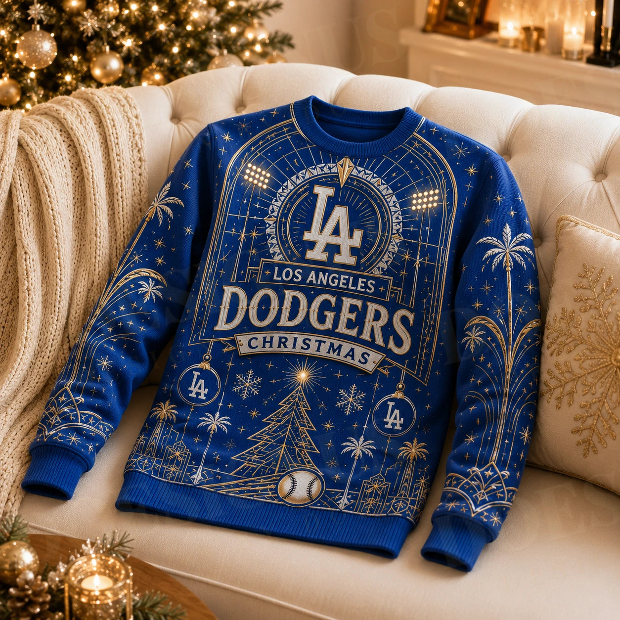 Custom Name And Number Los Angeles Dodgers West Coast Noel Christmas Ugly Sweater 2026