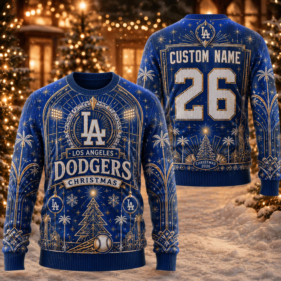 Custom Name And Number Los Angeles Dodgers West Coast Noel Christmas Ugly Sweater 2026