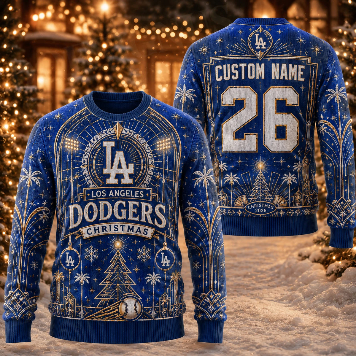 Custom Name And Number Los Angeles Dodgers West Coast Noel Christmas Ugly Sweater 2026