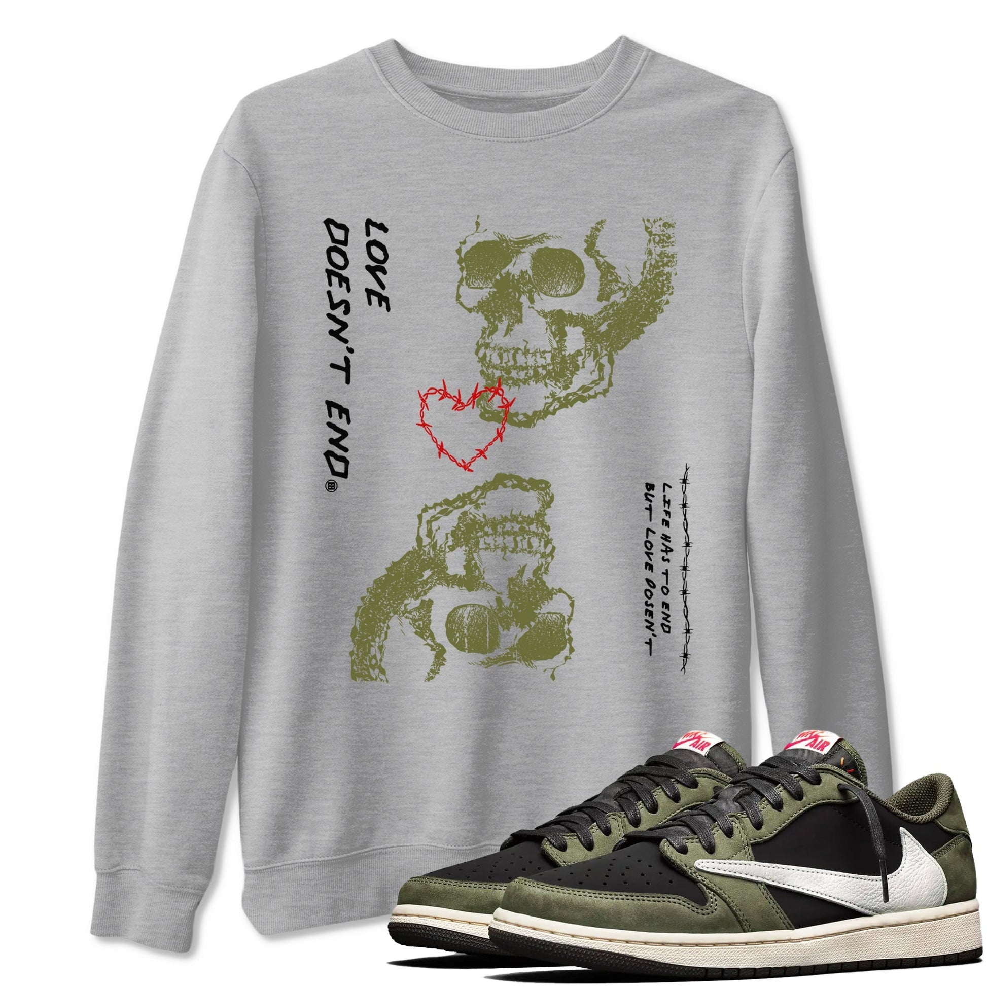 Love Doesn't End Sneaker Tees - Air Jordan 1 Travis Scott Medium Olive