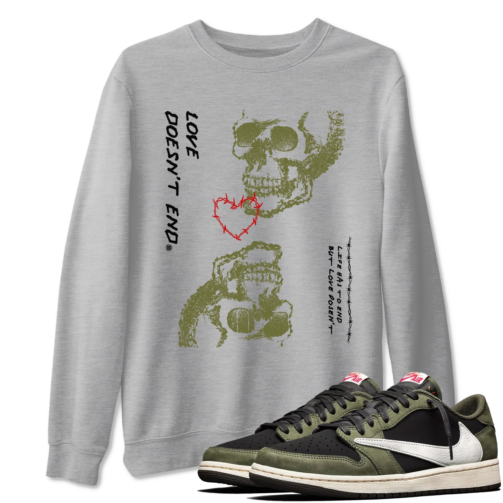 Love Doesn't End Sneaker Tees - Air Jordan 1 Travis Scott Medium Olive