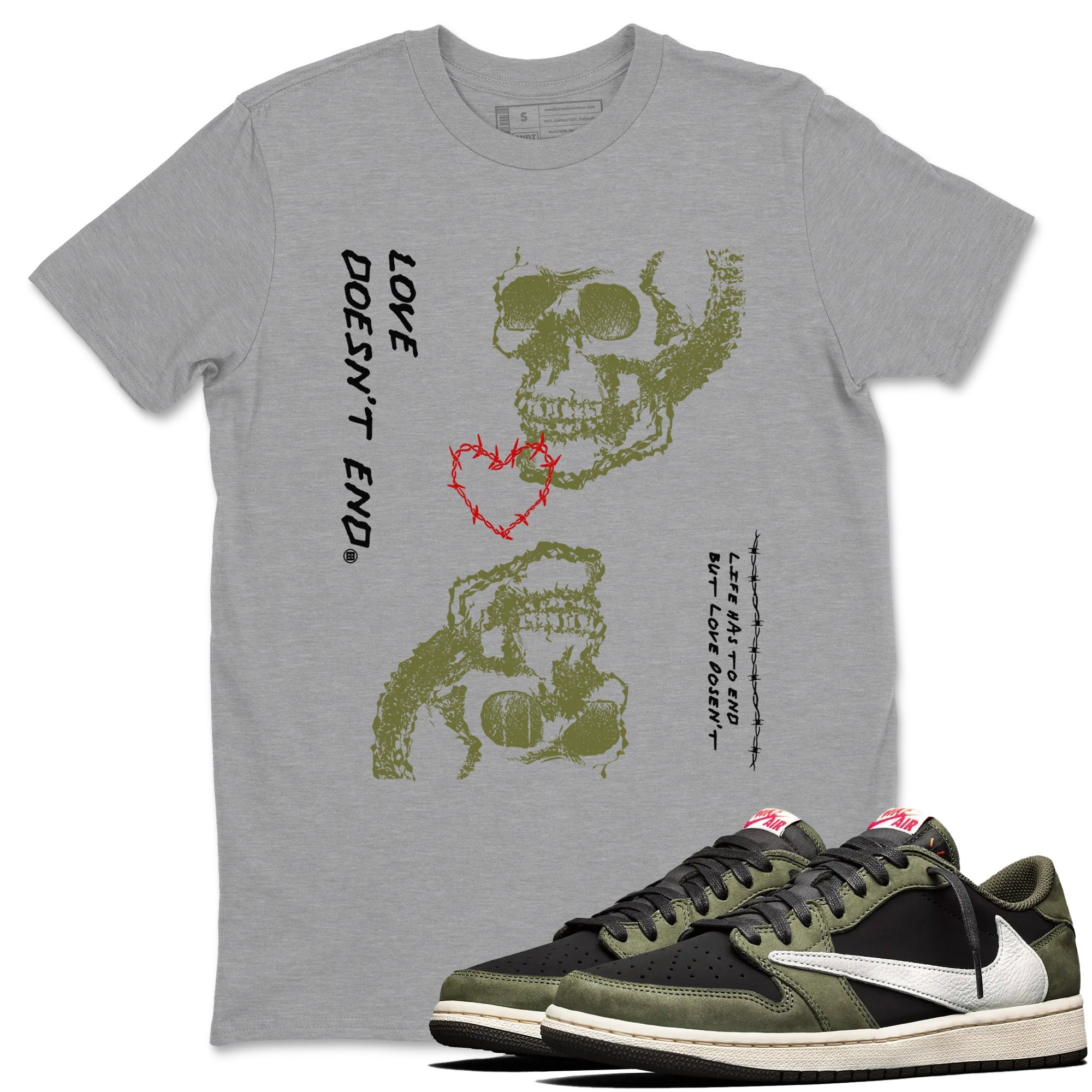Love Doesn't End Sneaker Tees - Air Jordan 1 Travis Scott Medium Olive