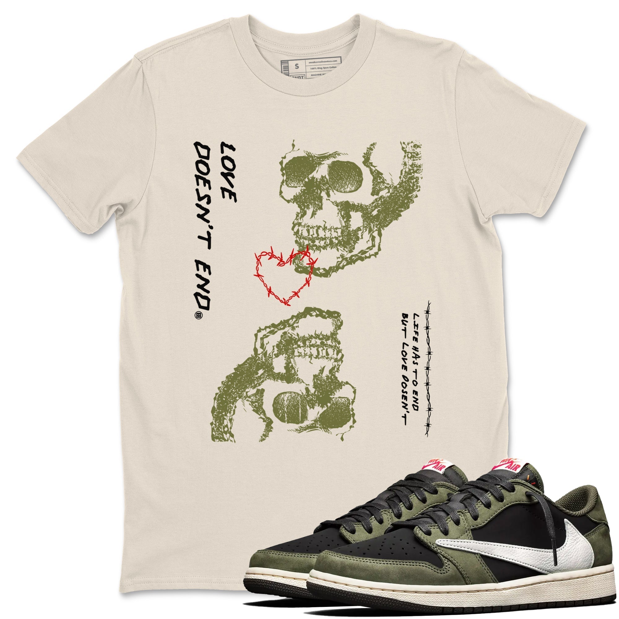 Love Doesn't End Sneaker Tees - Air Jordan 1 Travis Scott Medium Olive