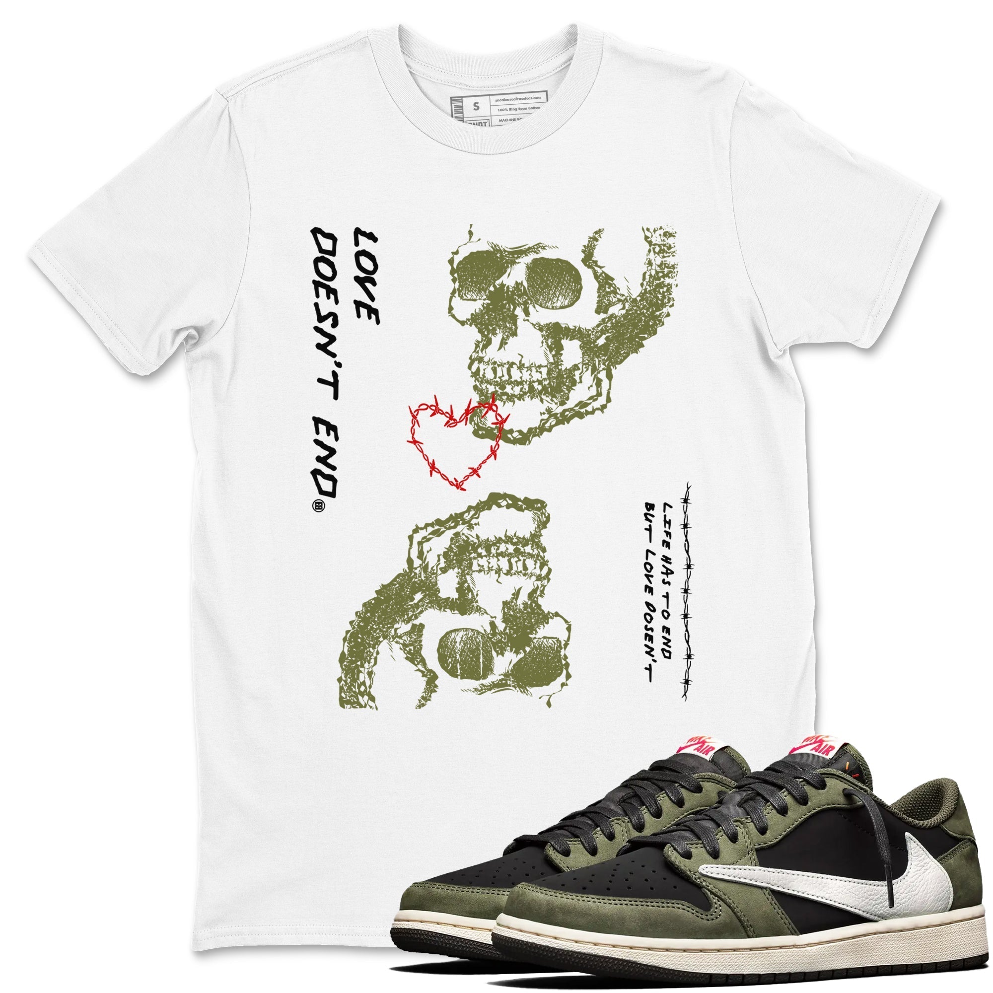Love Doesn't End Sneaker Tees - Air Jordan 1 Travis Scott Medium Olive