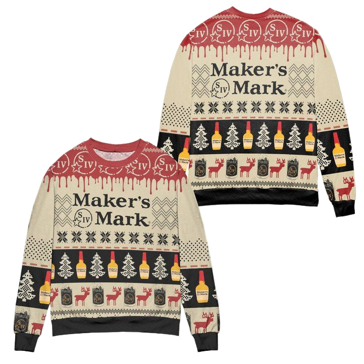 Makers Mark Bourbon Whisky Pine Tree Reindeer Ugly Christmas Sweater ? Usalast