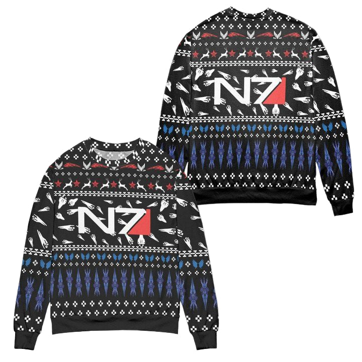 Mass Effect N7 Logo Reindeer Pattern Ugly Christmas Sweater ? Black ? Usalast