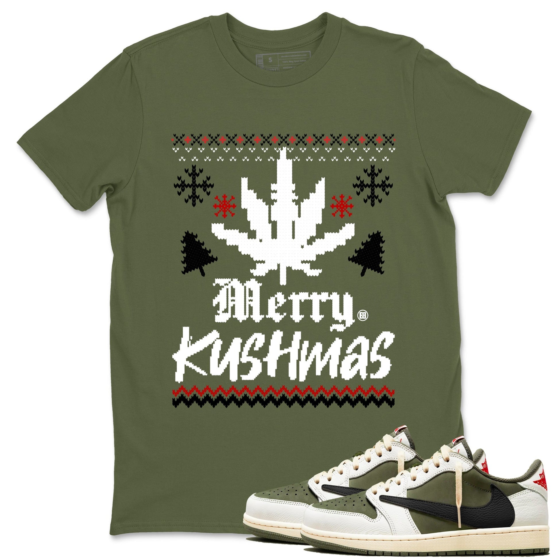 Merry Kushmas Sneaker Tees - Air Jordan 1 Travis Scott Medium Olive