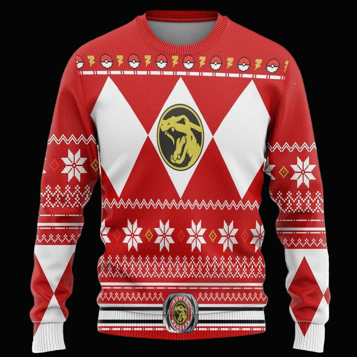Mighty Morphin Red Power Ranger Pokemon Charizard Christmas Sweater ? Usalast