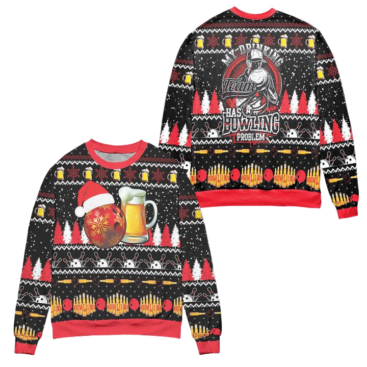 My Drinking Team Has A Bowling Problem Snowflake Pattern Ugly Christmas Sweater ? Black ? Usalast