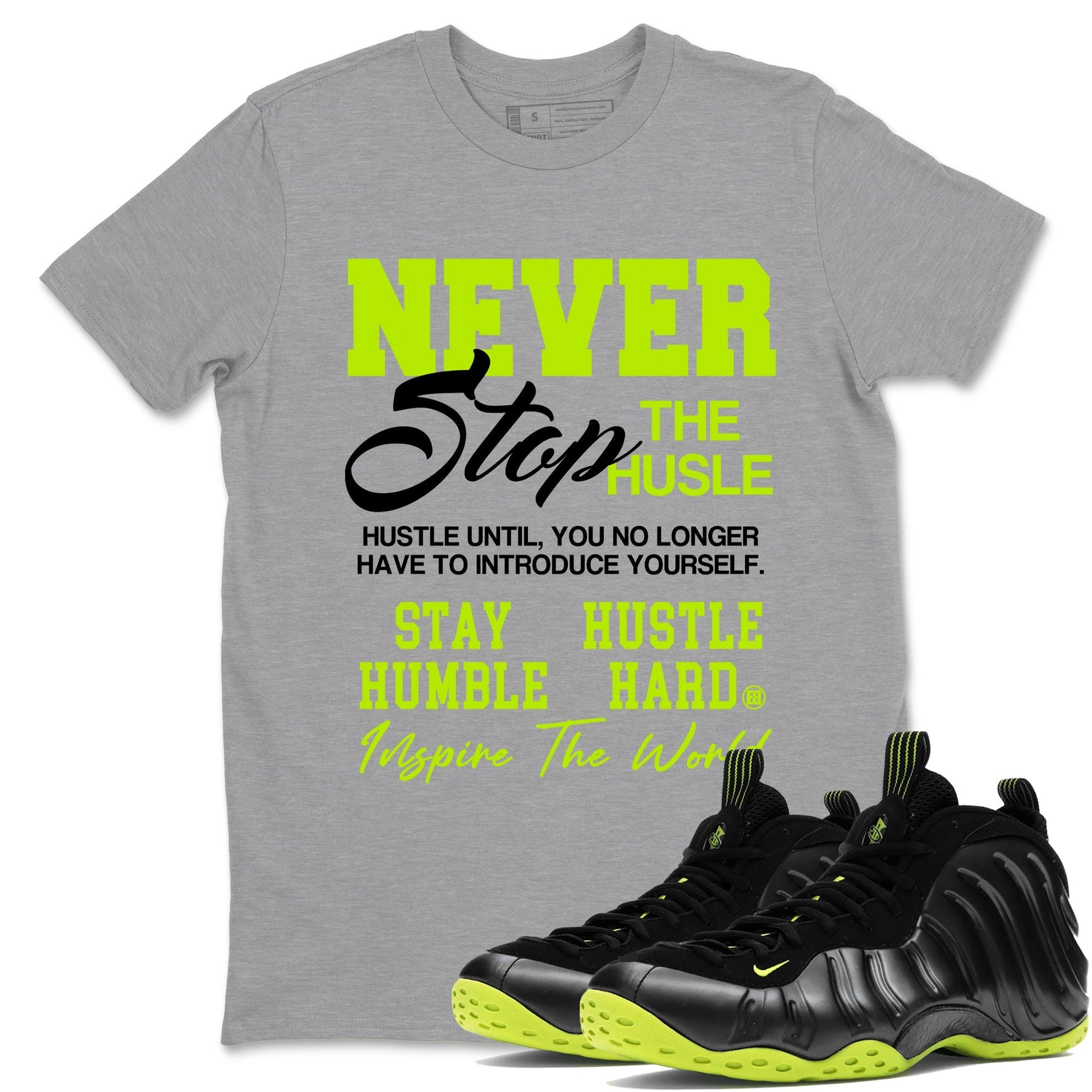 Never Stop The Hustle Sneaker Tees - Air Foamposite One Black Volt