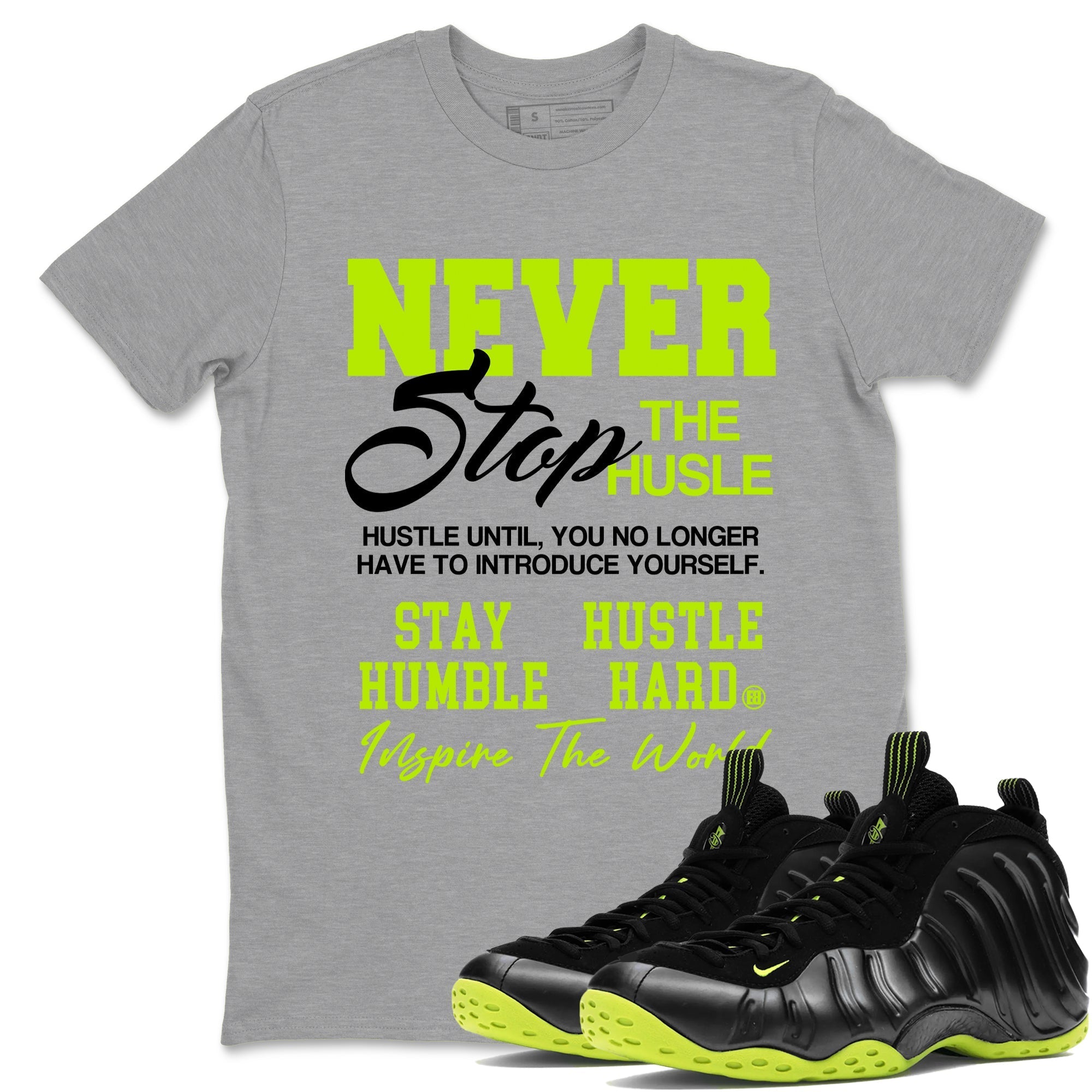 Never Stop The Hustle Sneaker Tees - Air Foamposite One Black Volt