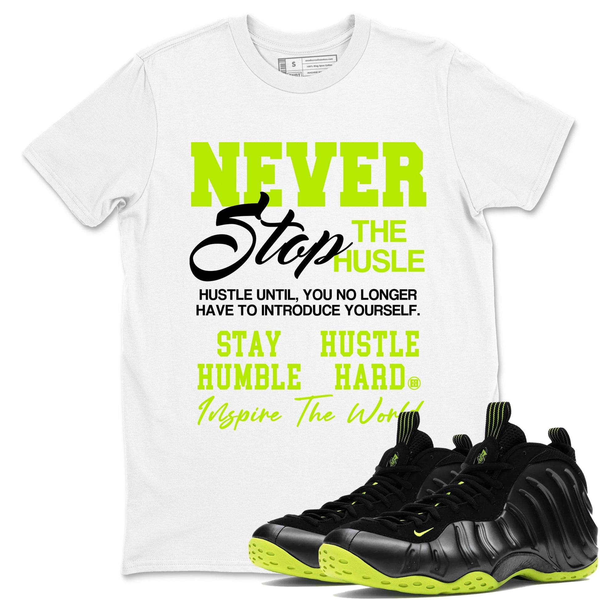 Never Stop The Hustle Sneaker Tees - Air Foamposite One Black Volt