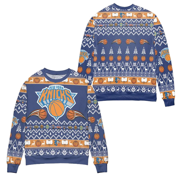 New York Knicks Basketball Team Reindeer Pattern Ugly Christmas Sweater ? Blue ? Usalast
