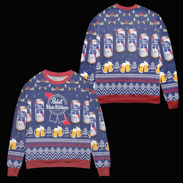 Pabst Blue Ribbon Beer Lights And Snow Ugly Christmas Sweater ? Blue ? Usalast