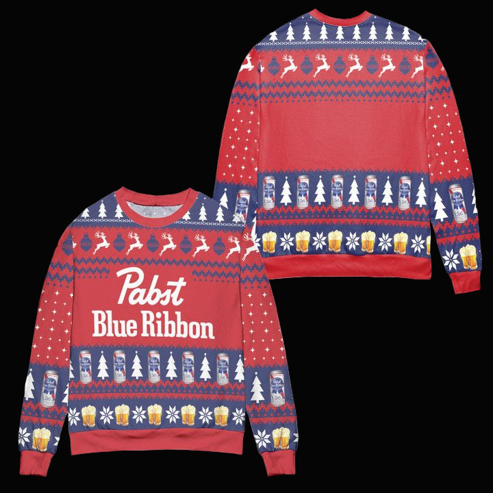 Pabst Blue Ribbon Beer Pine Tree Reindeer Pattern Ugly Christmas Sweater ? Red ? Usalast