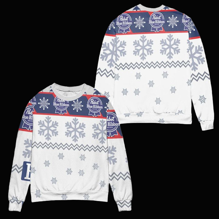 Pabst Blue Ribbon Snowflake Pattern Ugly Christmas Sweater ? White ? Usalast