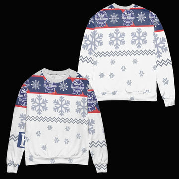 Pabst Blue Ribbon Snowflake Pattern Ugly Christmas Sweater ? White ? Usalast