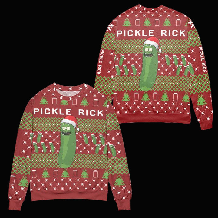 Pickle Rick and Morty Christmas Pine Tree Pattern Ugly Christmas Sweater ? Red ? Usalast