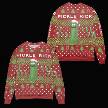 Pickle Rick and Morty Christmas Pine Tree Pattern Ugly Christmas Sweater ? Red ? Usalast