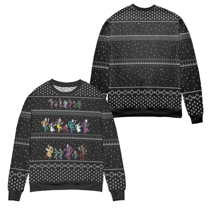 Pixel Horror Characters Snowy Night Ugly Christmas Sweater ? Black ? Usalast