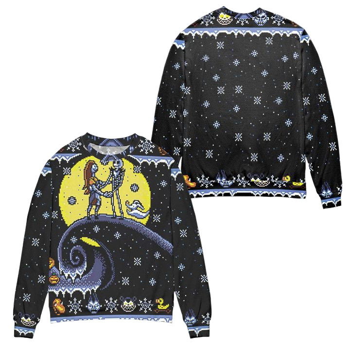 Pixel Jack And Sally Snowy Night Ugly Christmas Sweater ? Black ? Usalast