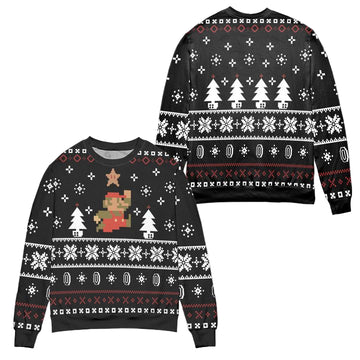 Pixel Mario Pine Tree And Snowflake Pattern Ugly Christmas Sweater ? Black ? Usalast