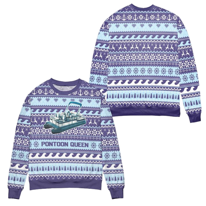 Pontoon Queen Penguin Snowflake Ugly Christmas Sweater ? Blue ? Usalast