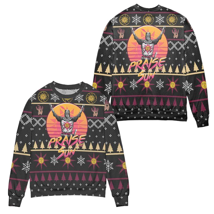 Praise The Sun Dark Souls Snowflake Pattern Ugly Christmas Sweater ? Black ? Usalast