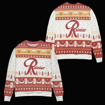 Rainier Beer Reindeer Pine Tree Pattern Ugly Christmas Sweater ? Usalast
