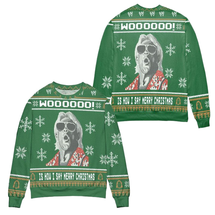 Ric Flair Woooo ? Is How I Say Merry Christmas Snowflake Pattern Ugly Christmas Sweater ? Green ? Usalast