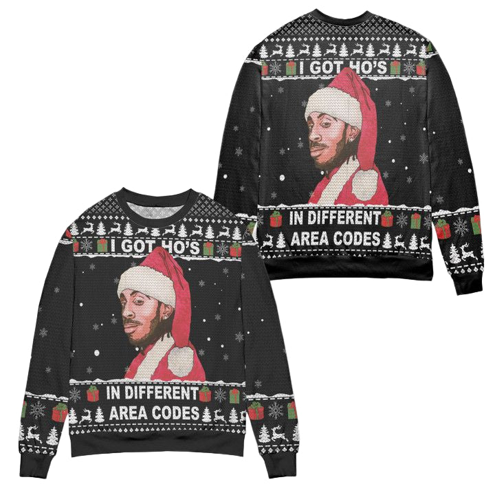 Roddy Ricch I Git Hos In Different Area Codes Snowflake Pattern Ugly Christmas Sweater ? Black ? Usalast