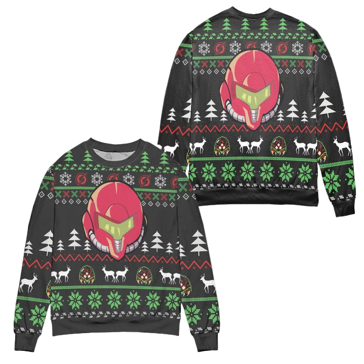 Samus Aran Helmet Pine Tree Pattern Ugly Christmas Sweater ? Black ? Usalast