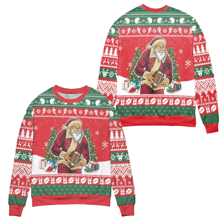 Santa Claus Football Snowflake Pattern Ugly Christmas Sweater ? Red Green ? Usalast