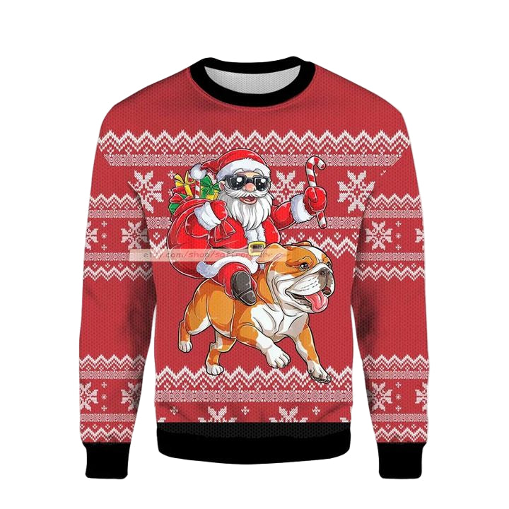 Santa Riding English Bulldog Ugly Christmas 3D Sweater ? Usalast
