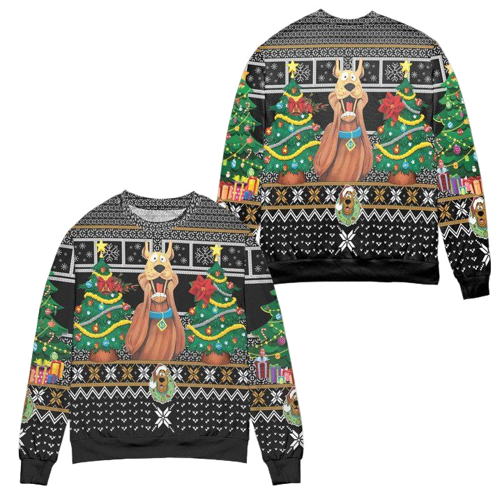 Santa Scoopy Doo And Christmas Tree Ugly Christmas Sweater ? Black ? Usalast