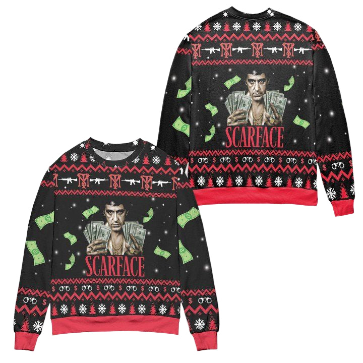 Scarface 1983 Film Pine Tree Snowflake Pattern Ugly Christmas Sweater ? Black ? Usalast