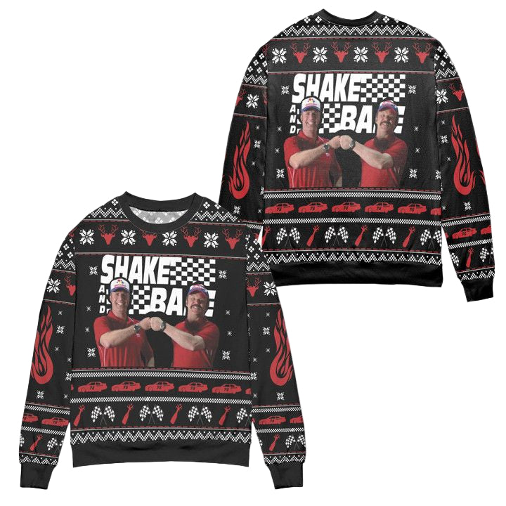 Shake And Bake Talladega Nights Reindeer Pattern Ugly Christmas Sweater ? Black ? Usalast