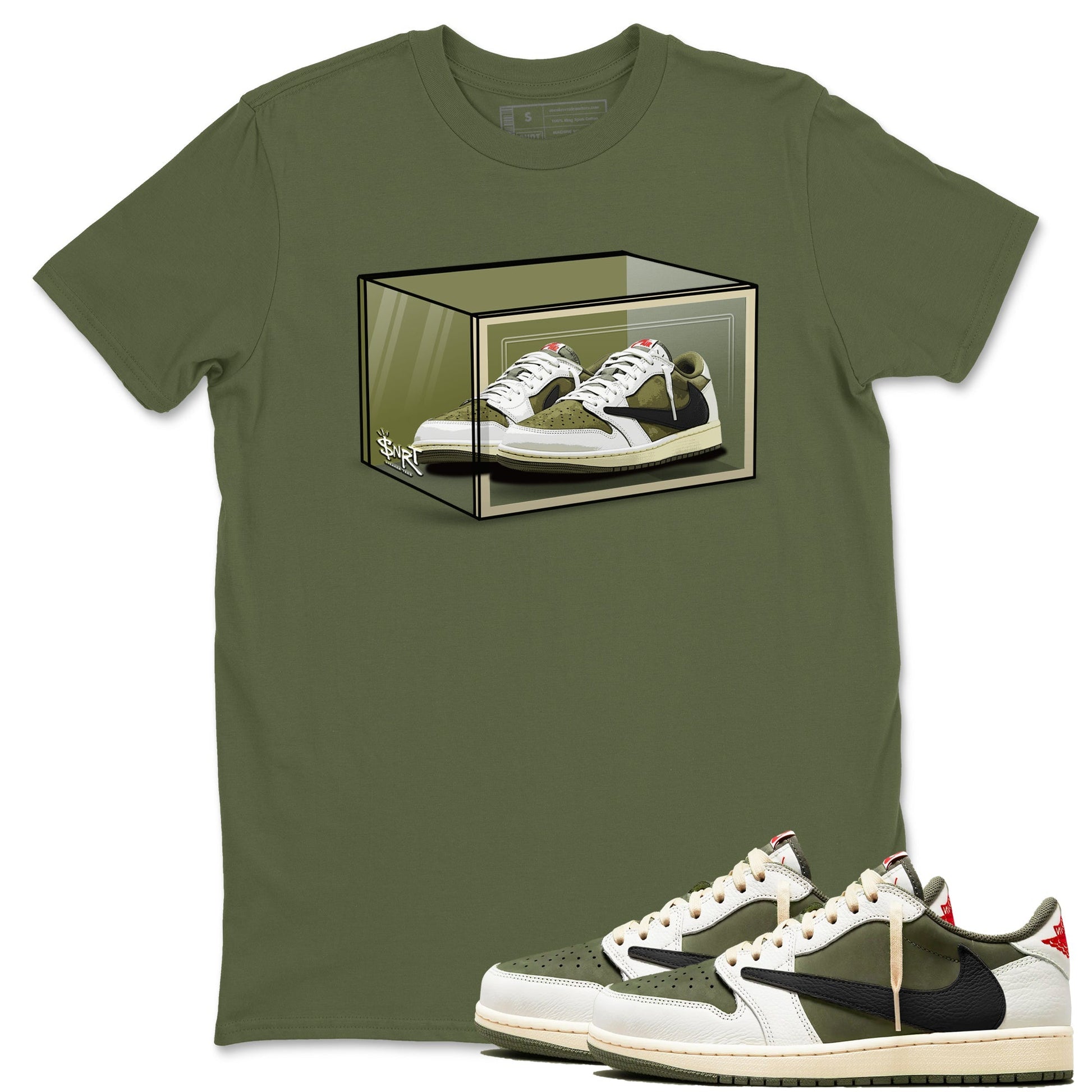 Shoe Box Sneaker Tees - Air Jordan 1 Travis Scott Medium Olive