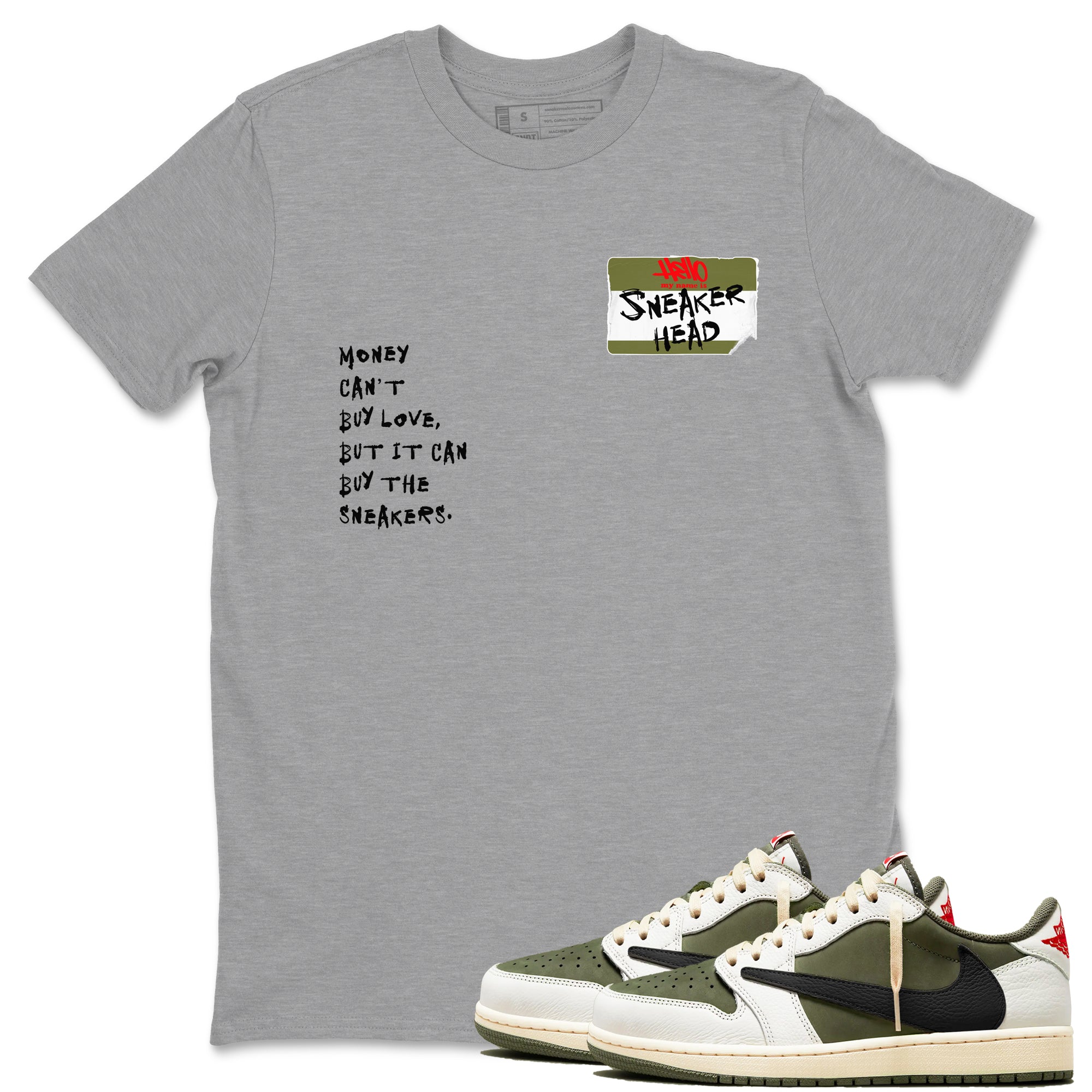 Sneakerhead Badge Sneaker Tees - Air Jordan 1 Travis Scott Medium Olive