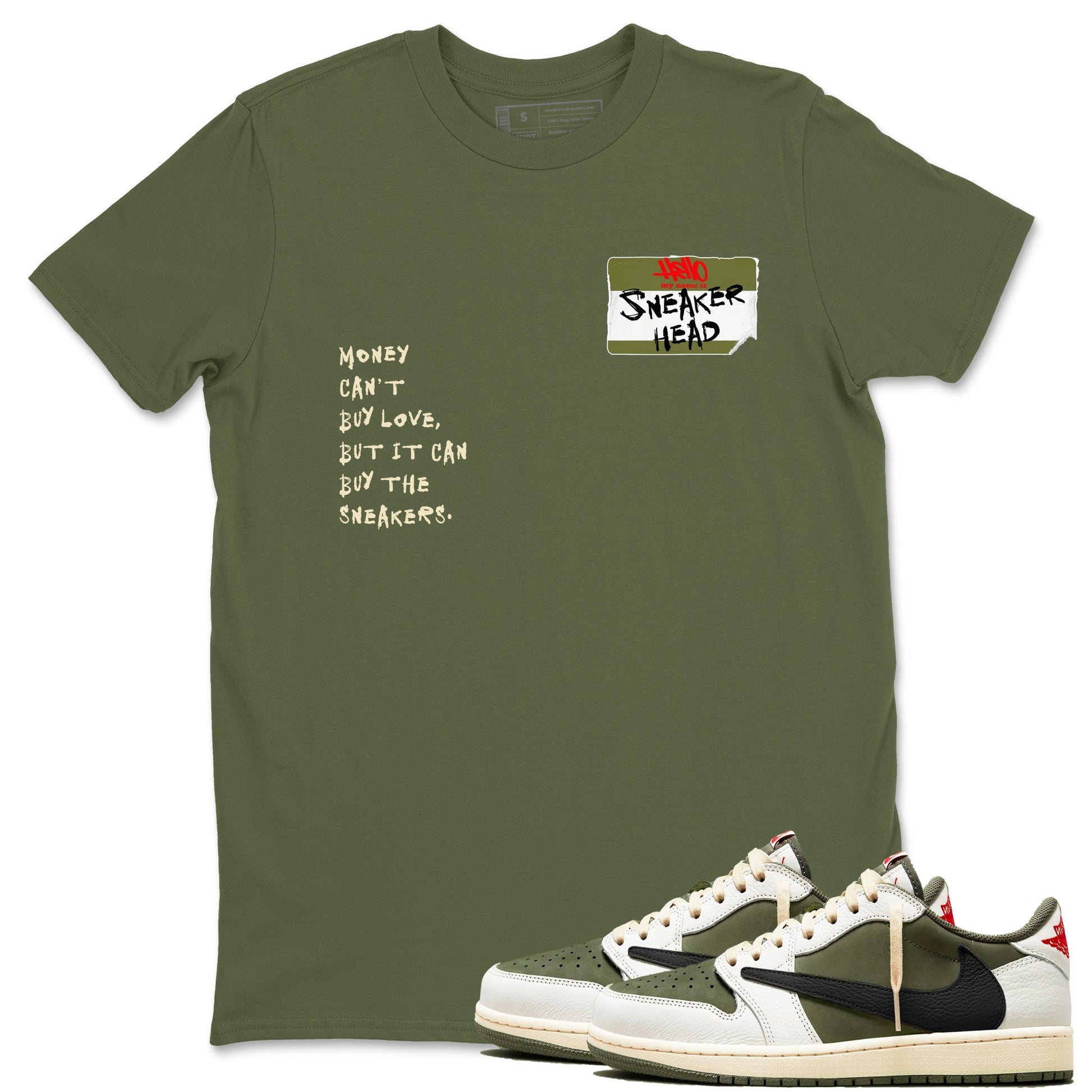 Sneakerhead Badge Sneaker Tees - Air Jordan 1 Travis Scott Medium Olive
