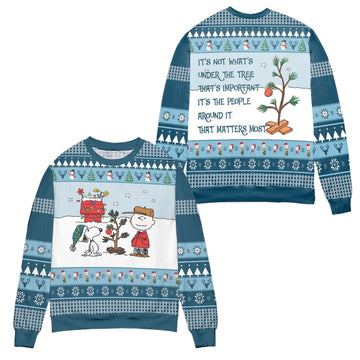 Snoopy And Charlie Brown Its Not What Under The Tree Ugly Christmas Sweater ? White Blue ? Usalast