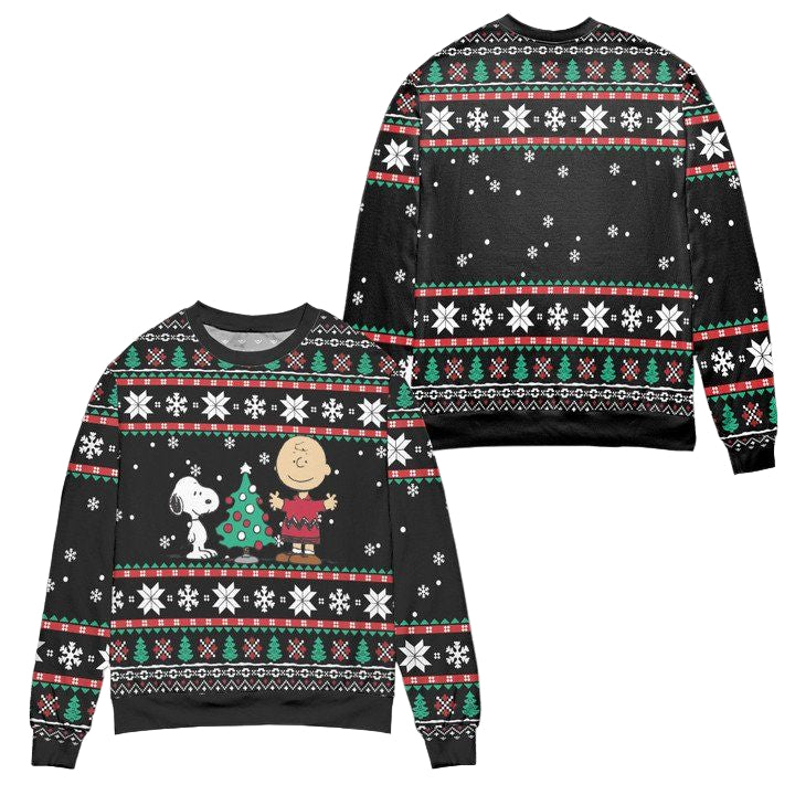 Snoopy Dog Charlie Brown Christmas Pine Tree Snowflake Pattern Ugly Christmas Sweater ? Black ? Usalast