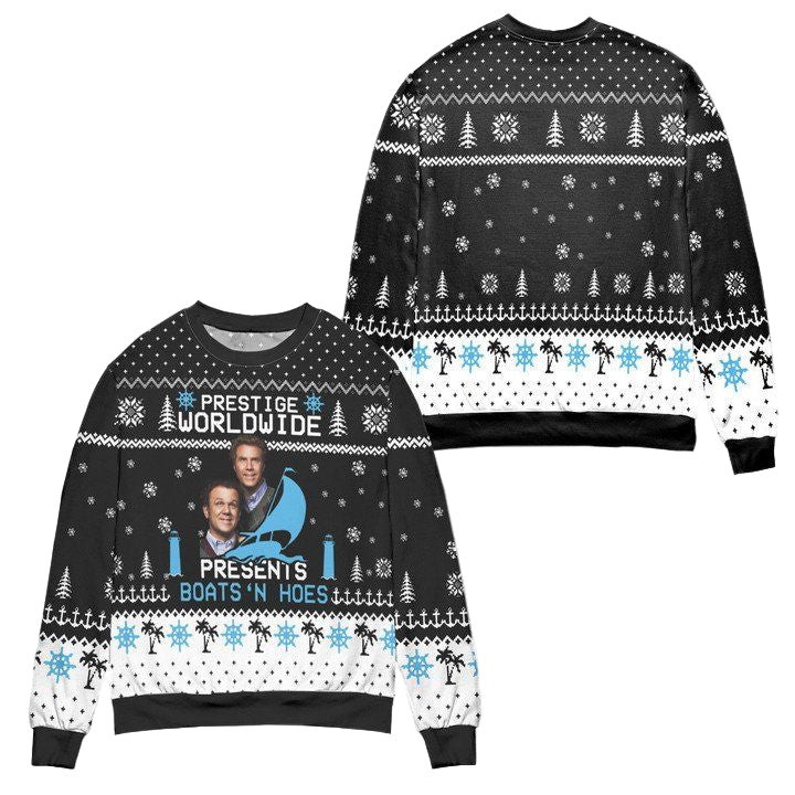 Step Brothers Prestige Worldwide Presents Boats N Hoes Ugly Christmas Sweater ? Black ? Usalast