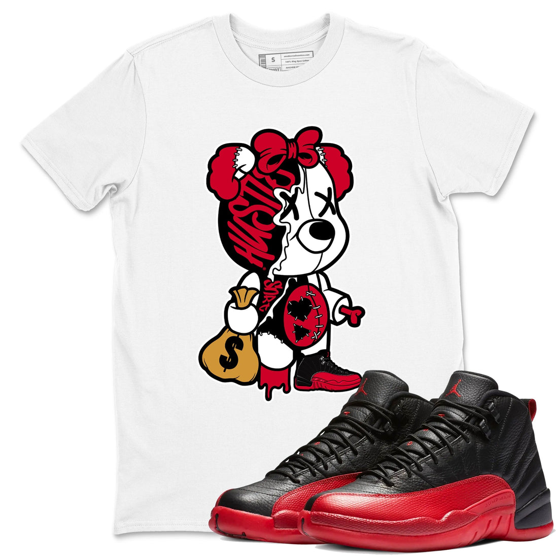 Stitched Hustle Bear Sneaker Tees - Air Jordan 12 Flu Game