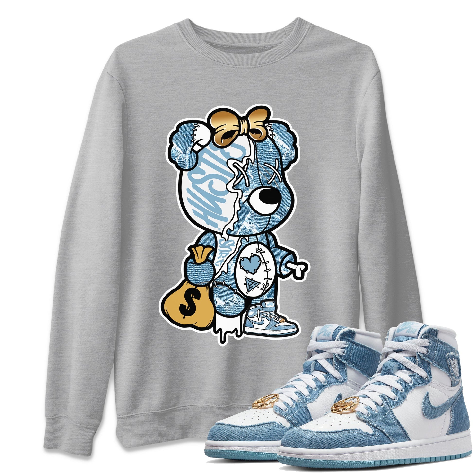 Stitched Hustle Bear Unisex Tops - Air Jordan 1 Denim