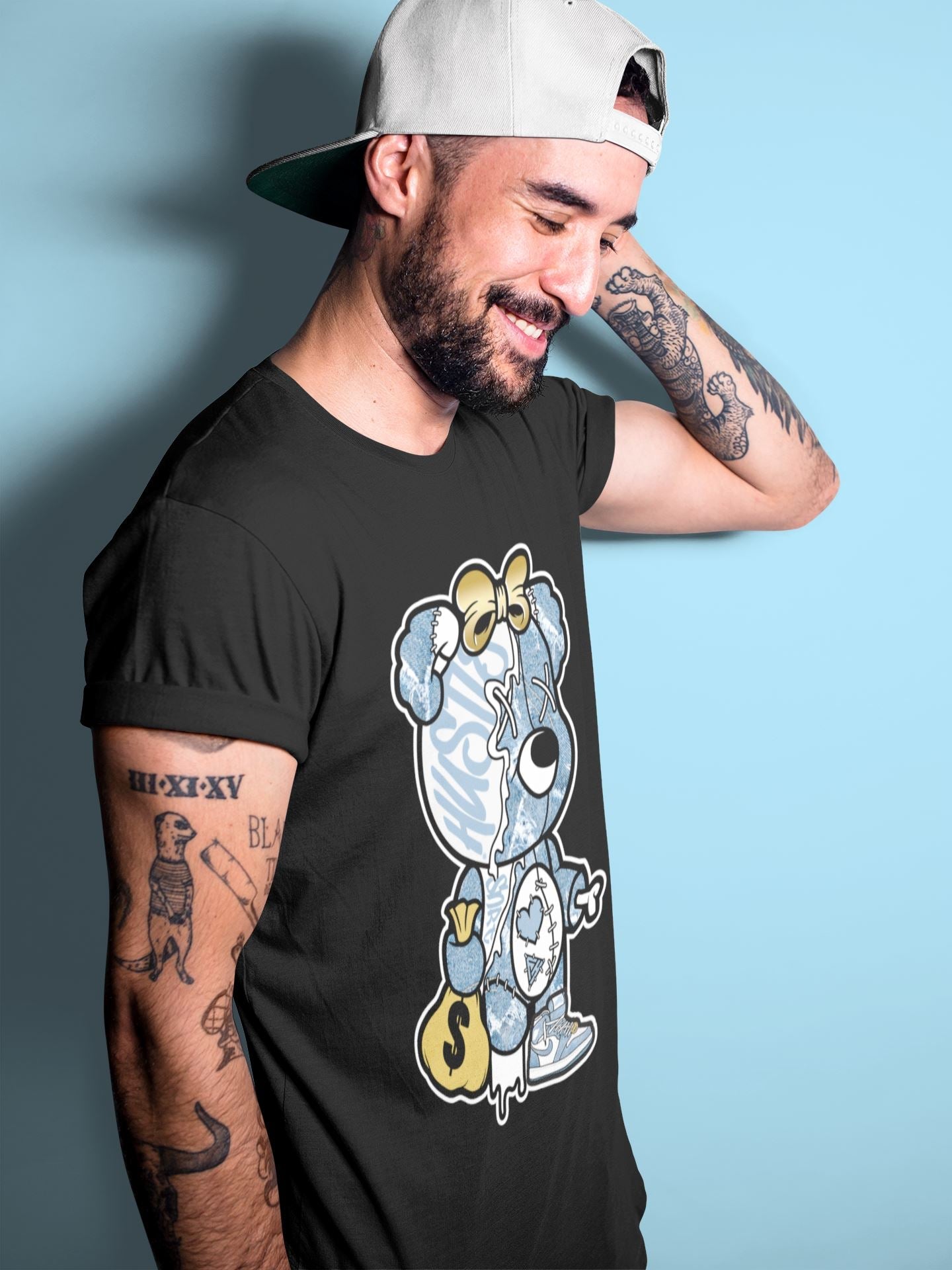 Stitched Hustle Bear Unisex Tops - Air Jordan 1 Denim
