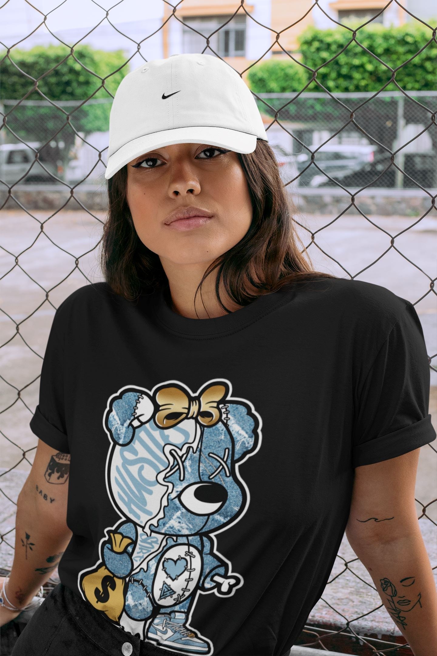 Stitched Hustle Bear Unisex Tops - Air Jordan 1 Denim