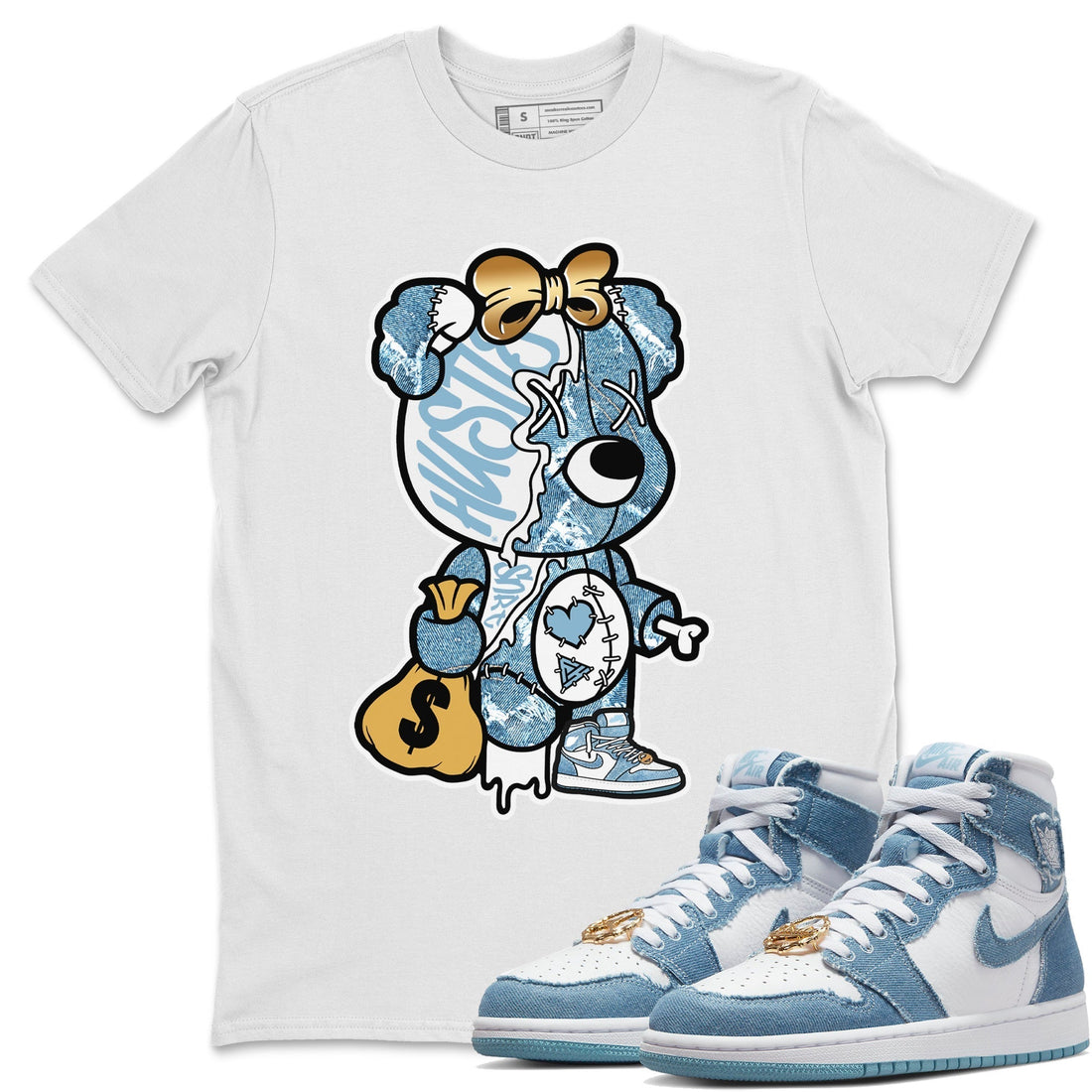 Stitched Hustle Bear Unisex Tops - Air Jordan 1 Denim